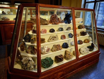 Various minerals in glass cabinets
