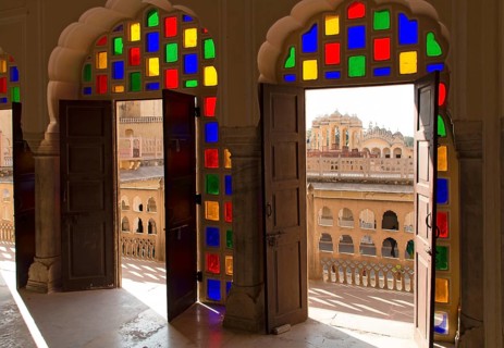 Colourful glass doors overlooking the courtyard of the Hawa Mahal