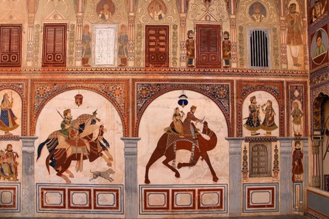 Murals in the courtyard of the Dr. Ramnath A. Podar Haveli Museum