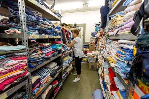 Warehouse with clothing for refugees