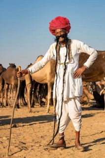 Portrait of an elderly Rajasthani man with a long beard wearing a turban