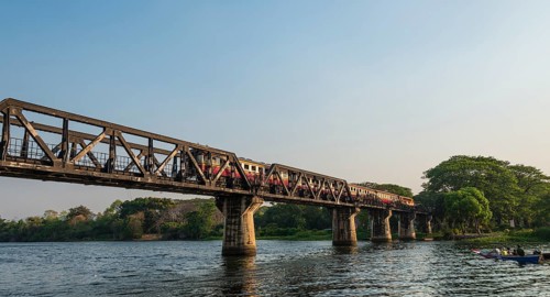 Train crossing historical River Kwai Bridge