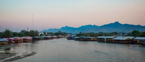 Floating houses at dusk