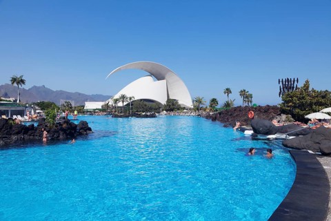 Water park Parque Maritimo Cesar Manrique and Auditorium by Santiago Calatrava