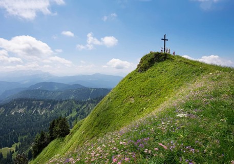 Summit cross and mountain flowers on Hochgern mountain