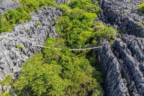 Suspension bridge over rugged karst landscape