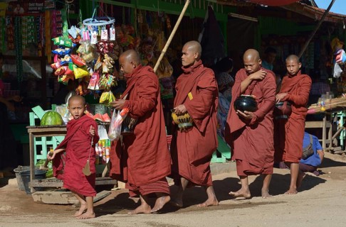 Monks on daily begging round