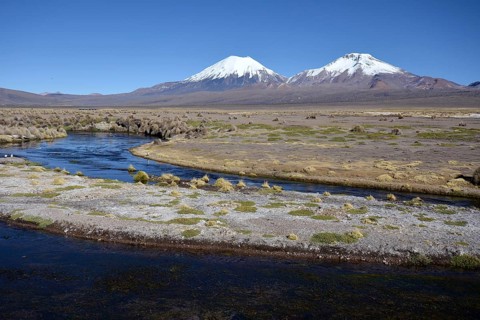 Snowcapped volcanoes Pomerape and Parinacota
