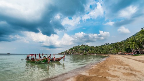 Longtail boats on the sandy beach with palm trees