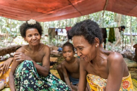 Women and children of the Orang Asil tribe sitting under tarpaulins in the jungle