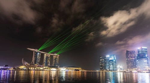 Laser show at the Marina Bay Sands Hotel and downtown area
