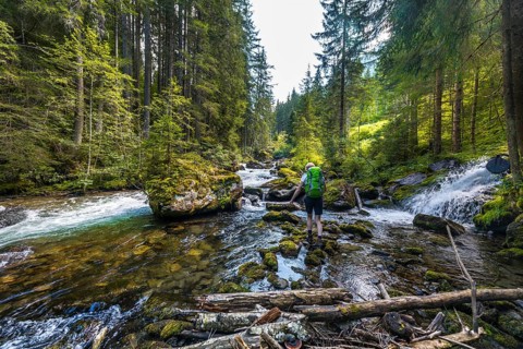 Hiker walking along a river