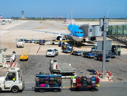 KLM aircraft at the terminal with luggage trollies