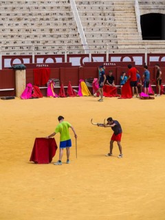 Toreros practicing bullfighting