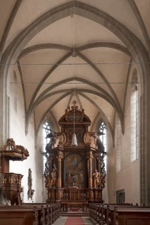 Interior with Baroque high altar and pulpit of the former monastery Kreuzthal-Maria Burghausen