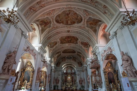 Vault and altar area of the baroque pilgrimage church of Maria Hilf