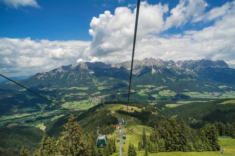 View from Brandstadl cable car towards town and Wilder Kaiser