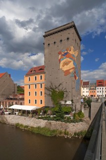 View of Dreiradenspeicher with Goddess of Europe from old town bridge