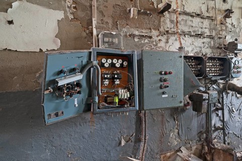 Ramshackle fuse boxes in a former brewery