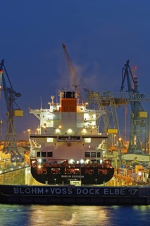 Container ship in the floating dock of Blohm and Voss
