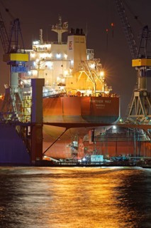 Cargo ship in the floating dock of Blohm and Voss