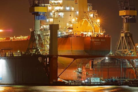Cargo ship in the floating dock of Blohm and Voss