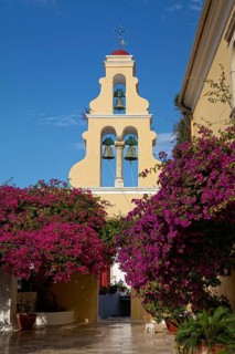 Courtyard with tower and bougainvillea