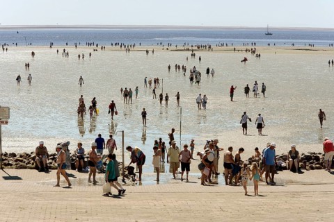 Strollers walking at low tide on the foreshore