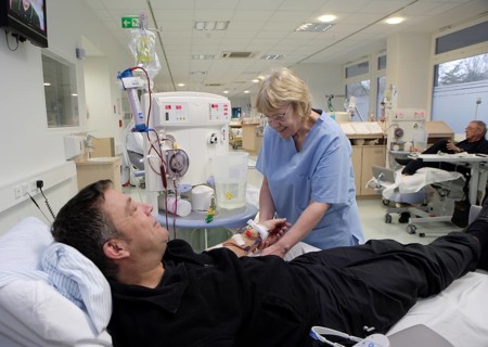 Patient and nurse during outpatient dialysis in the dialysis center of the Dominikus Krankenhaus hospital