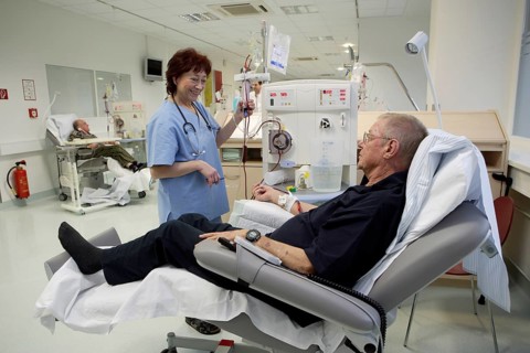 Patient and nurse during outpatient dialysis in the dialysis center of the Dominikus Krankenhaus hospital