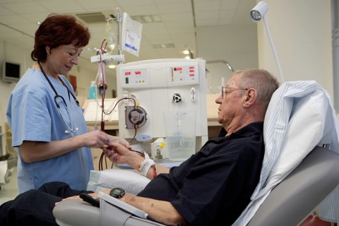 Patient and nurse during outpatient dialysis in the dialysis center of the Dominikus Krankenhaus hospital