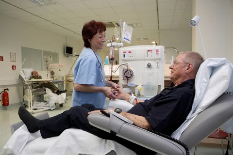 Patient and nurse during outpatient dialysis in the dialysis center of the Dominikus Krankenhaus hospital