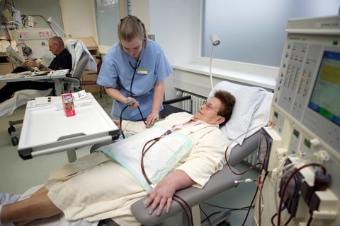 Patient and nurse during outpatient dialysis in the dialysis center of the Dominikus Krankenhaus hospital
