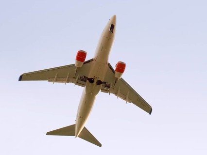 Low angle view of a twin-engine jet aircraft