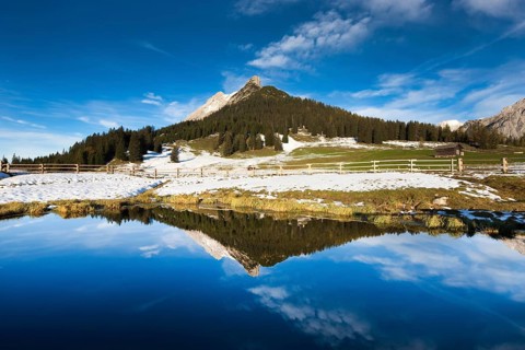 Walderkamp peak and Hundskopf reflected in a small lake