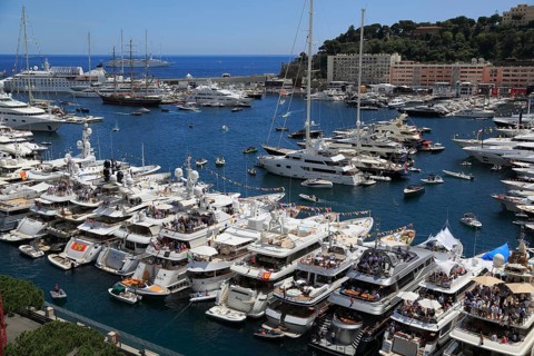 View of Port Hercule with yachts and cruise ships during the Formula 1 Grand Prix 2015