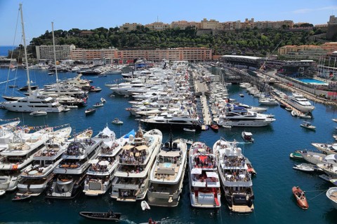 View of Port Hercule with yachts during the Formula 1 Grand Prix 2015