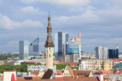 Tower of the city hall and high-rise buildings in the New Town