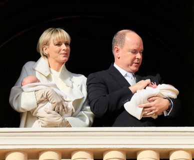 Princess Charlene and Prince Albert II of Monaco presenting their twins Prince Jacques and Princess Gabrielle at the palace window to the public for the first time