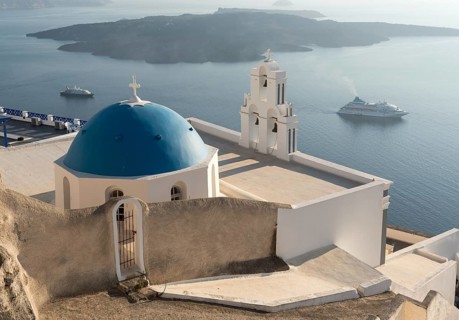 Blue dome and bell-tower of Firostefani Church