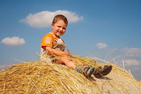 Little boy sitting on a straw bale under a cloudy blue sky