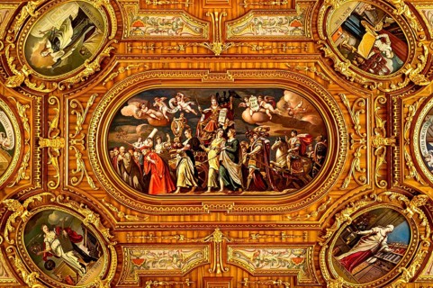 Coffered ceiling with the main painting of Sapientia and other paintings