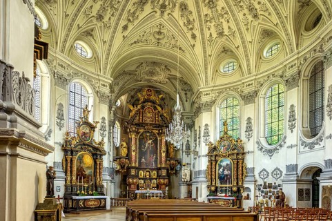 Interior of the baroque pilgrimage church of Maria Birnbaum with high altar and side altars