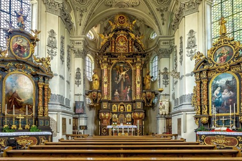 Interior of the baroque pilgrimage church of Maria Birnbaum with high altar and side altars