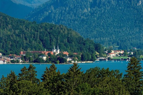 View over Lake Tegernsee on the monastery of the city Tegernsee