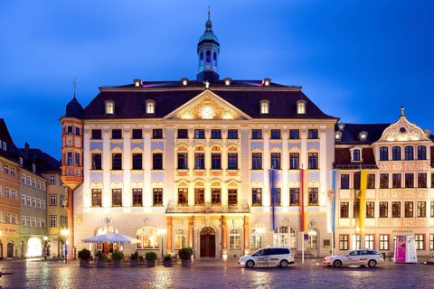 New Town Hall on the market square at dusk