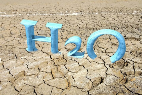 CGI of the letters H2O in cracked soil
