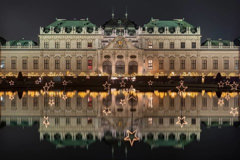 Belvedere Castle with Christmas lights at night