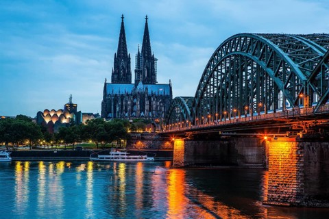 Hohenzollern Bridge and Cologne Cathedral on the Rhine at night