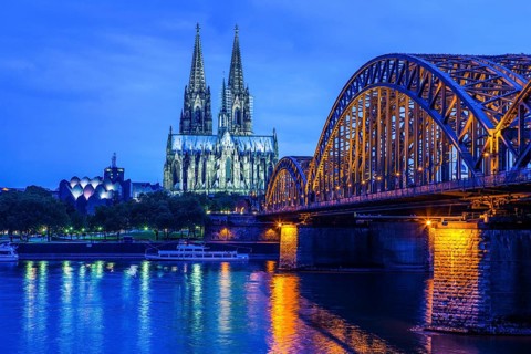 Hohenzollern Bridge and Cologne Cathedral on the Rhine at night